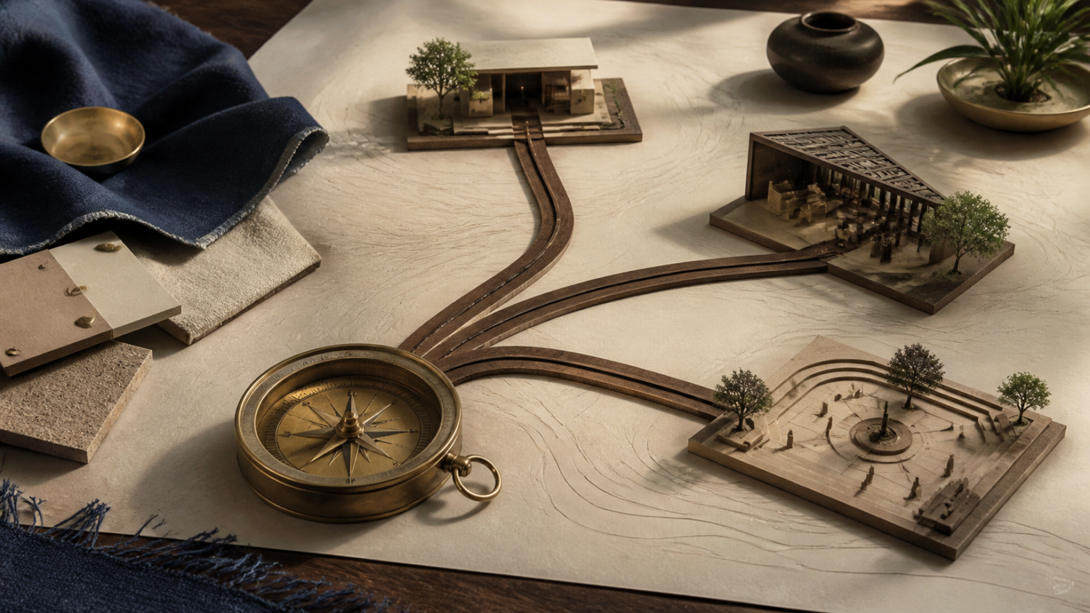 Wealth Is a Design Question: What Is It Meant to Make Possible? Brass compass and architectural forms map several possible paths across an indigo table.