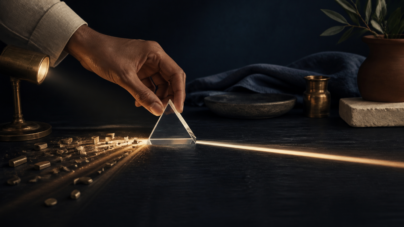 A hand adjusts a prism that focuses scattered light into a single beam.