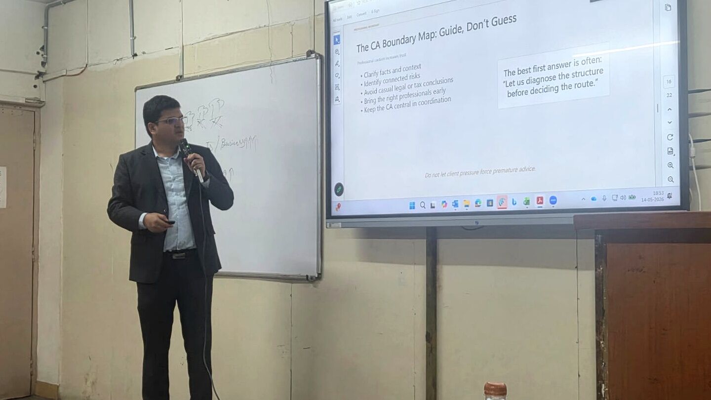 Sandeep N. Setty speaking to Chartered Accountants at a VCAT TechWing knowledge-sharing session in May 2026