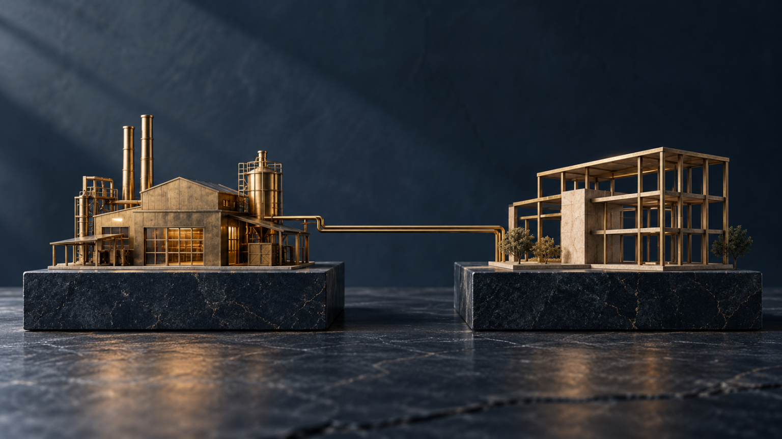 The Inheritance Looked Equal. The Dependence Had Not Changed. Symbolic models of a business and its premises on separate plinths connected by brass, illustrating continuing dependence.