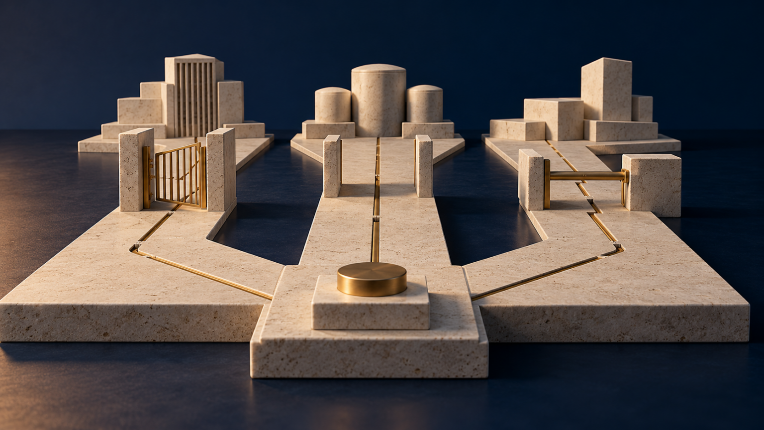 Limestone model with three brass-lined decision paths, two gated and one open, on a dark navy background.